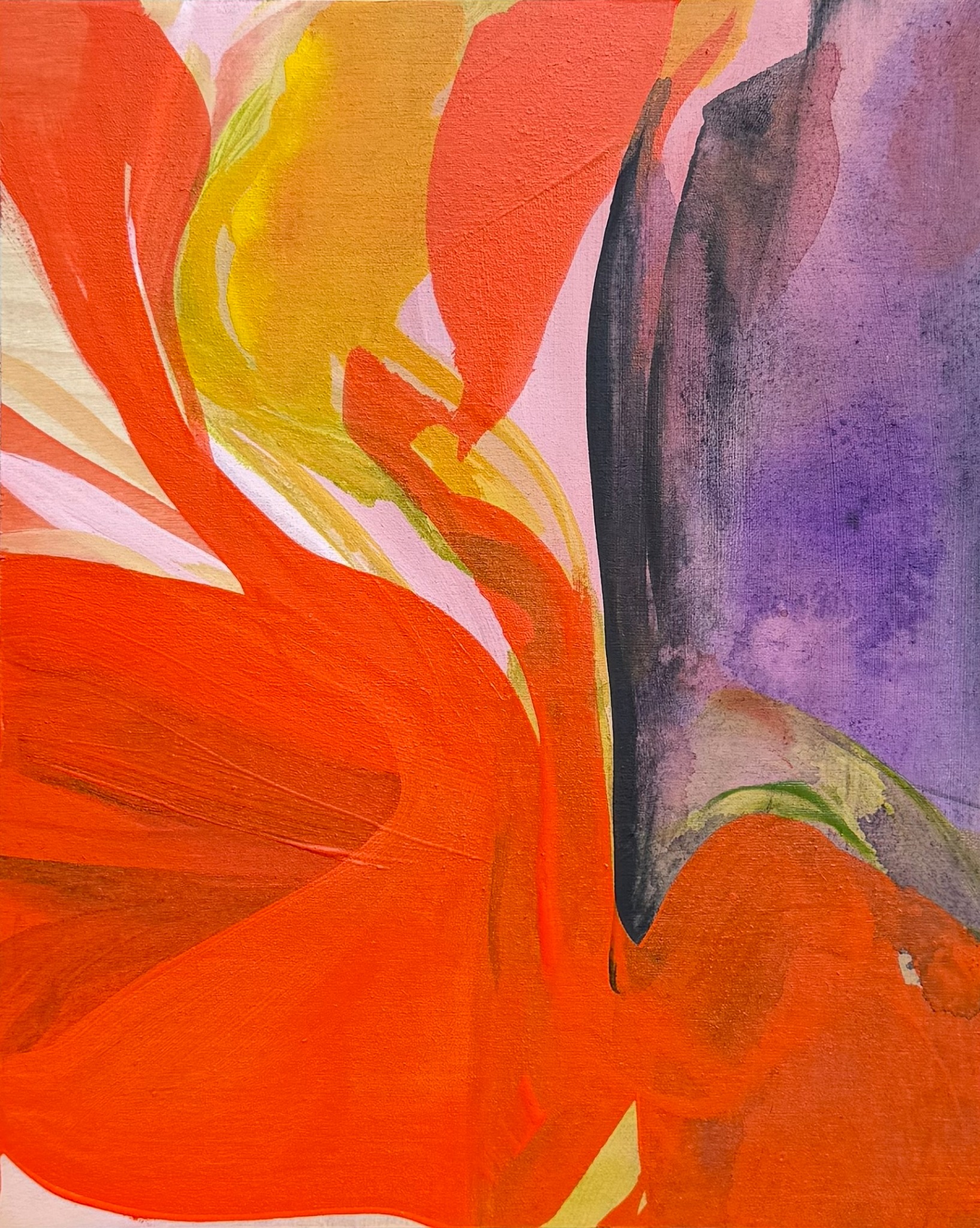 Immersive detail of Orange Dream: saturated orange and yellow brushwork against pink and violet.