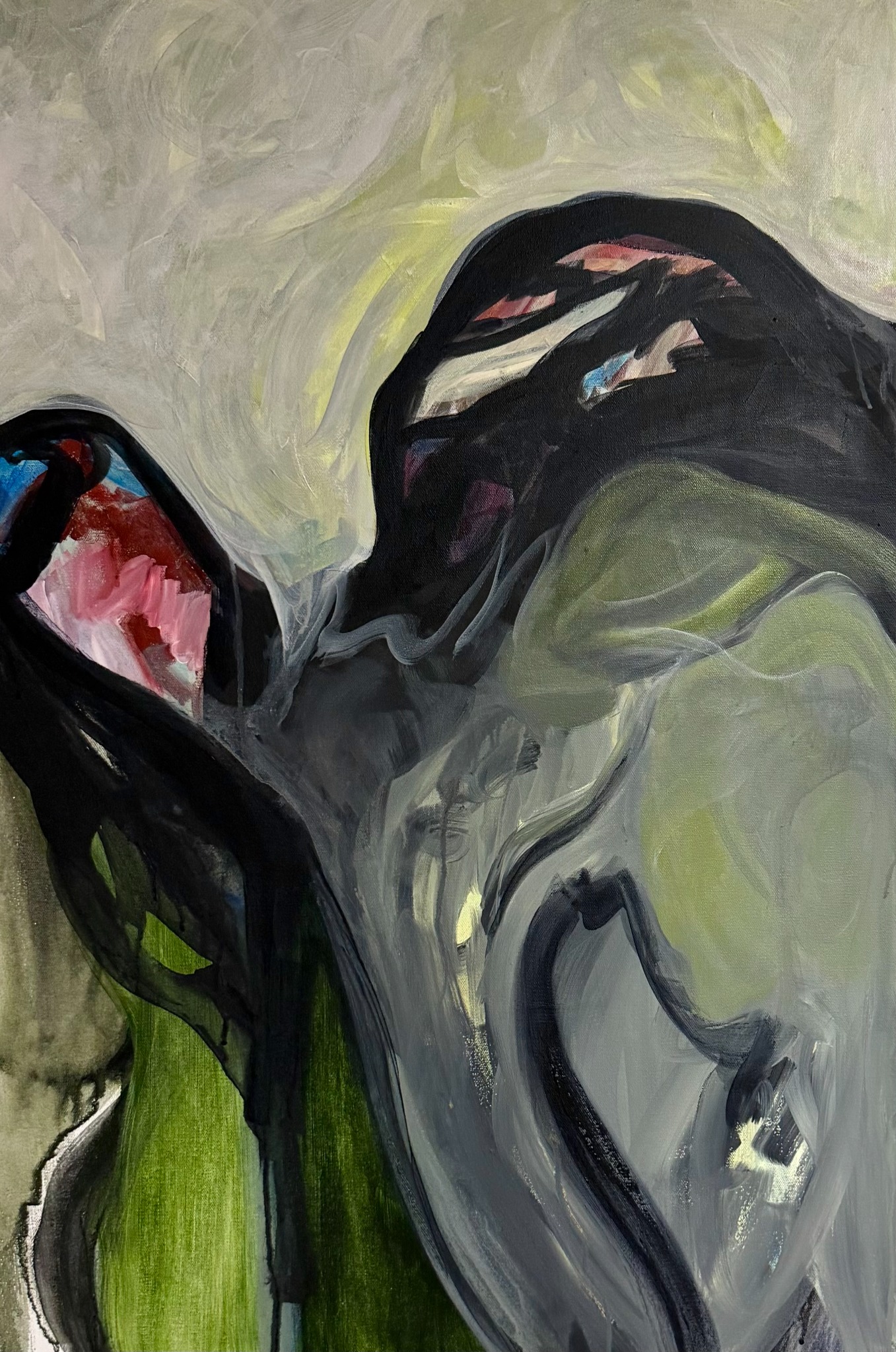Detail of Sibelius II: sweeping black forms, silver-gray paint, pink accents, and muted green